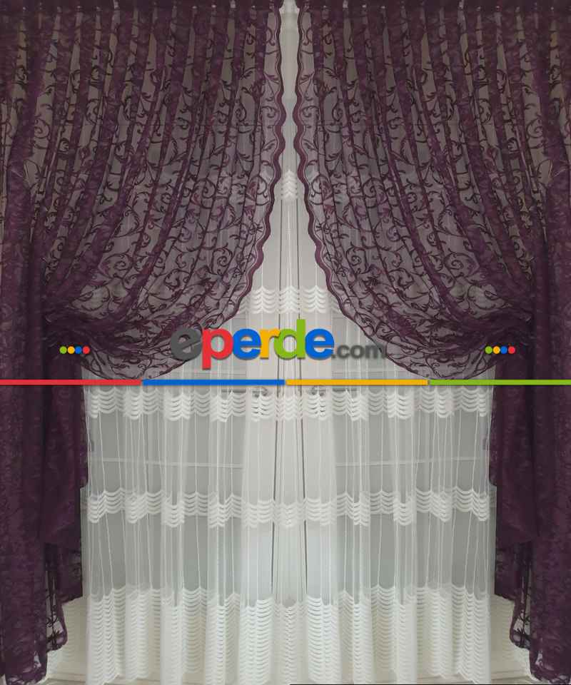 Salon - Tül Fon Mor Fon Perde- Mor 70cm X 270cm 