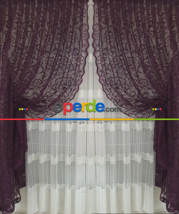 Salon - Tül Fon Mor Fon Perde- Mor 70cm X 270cm 