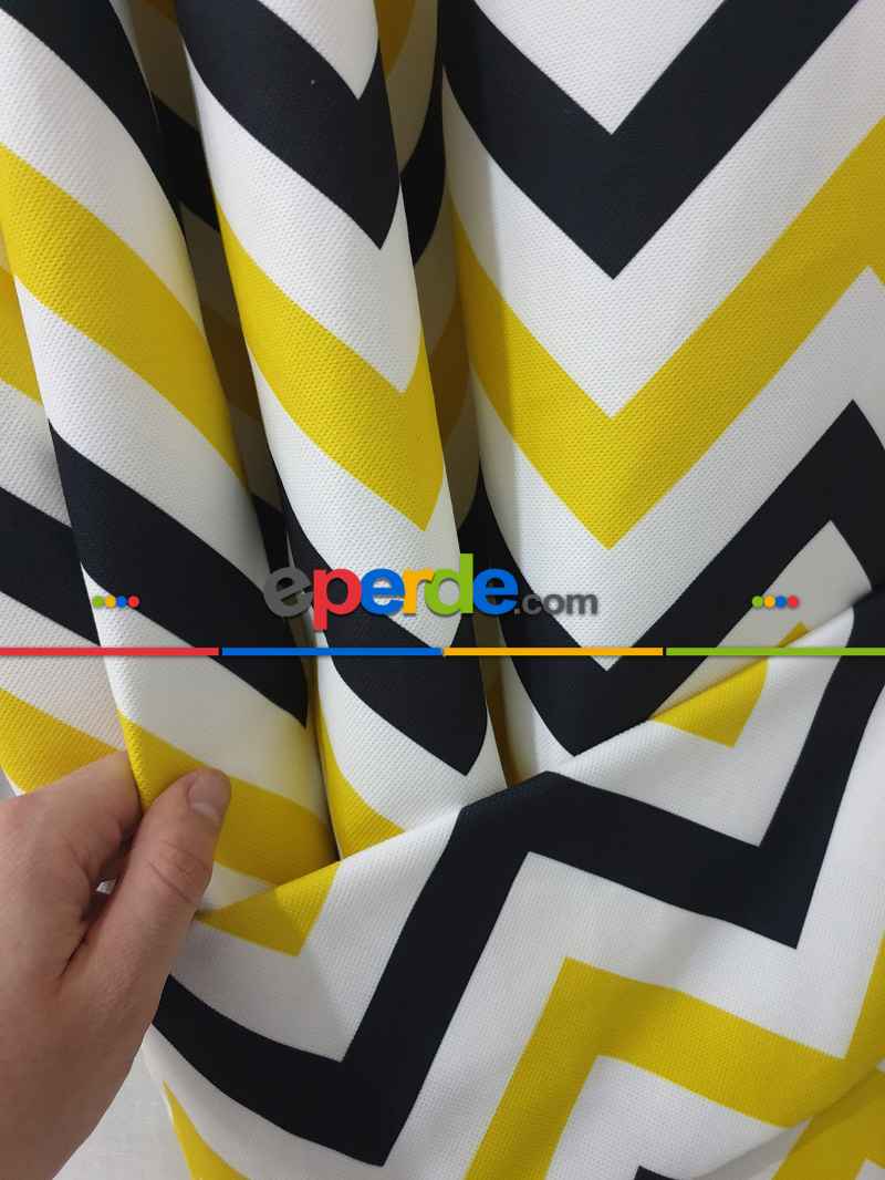 Siyah-Sarı Modern Mutfak Perdesi Kanat Fon Perde Zikzak Desenli- Siyah