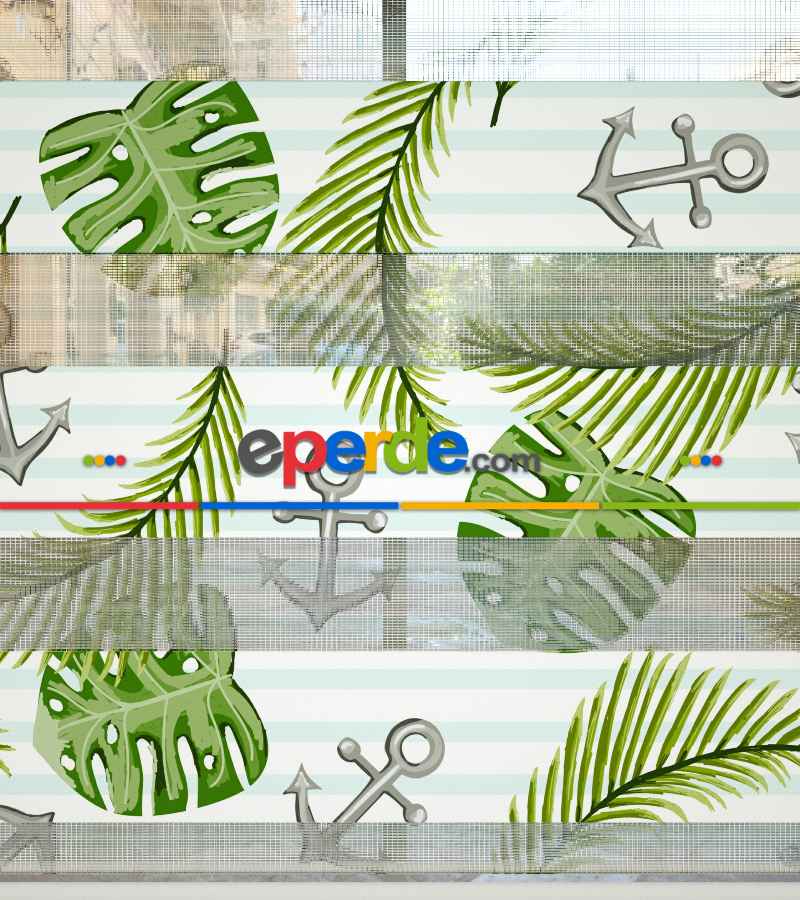 Çocuk Odası Zebra Perde - Yaprak Ve Çapa Desenli Baskılı Zebra Perde- Yeşil