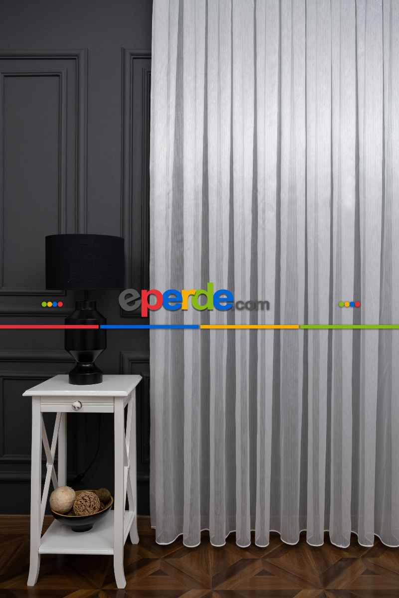 Çizgili Düz Tül Perde - Gümüş Simli Tül - Ütü İstemez - Kurşunlu Tül