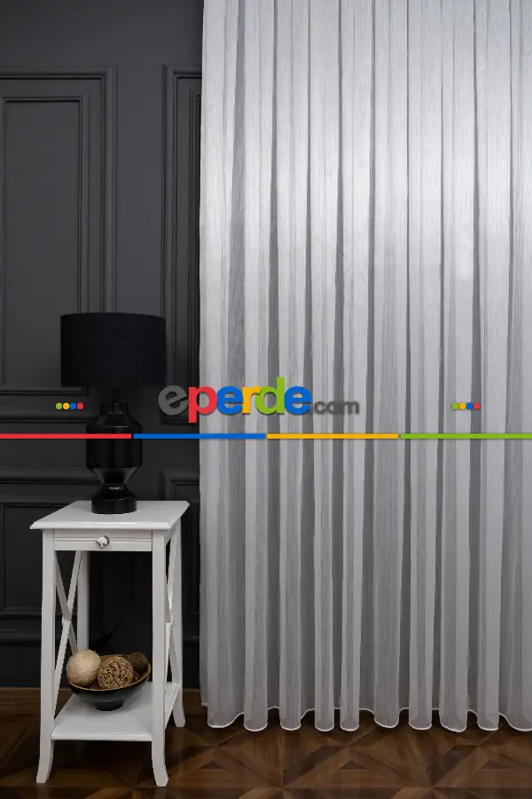 Çizgili Düz Tül Perde - Gümüş Simli Tül - Ütü İstemez - Kurşunlu Tül