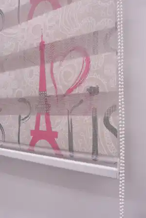 Çocuk Odası - Kalpli Paris Desen Zebra Perde- Menekşe Kırmızı
