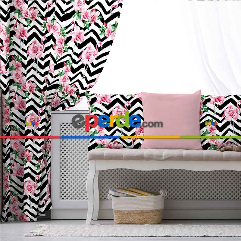 Flamingo Desenli Fon Perde Evim1567 Kumaşı Kalındır Duck Bezi Değildir- Mavi-beyaz