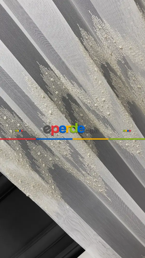 Mutfak Tül Perde - Desenli Tül - Altın Simli Hafif Keten Tül - Etek Ucu Nakışlı Tül Perde -  Salon Tül Perde