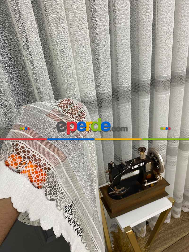 Gri Çizgili Tül Perde - Spor Desenli - Tül Perde - Örme Tül Perde - Ütü İstemeyen