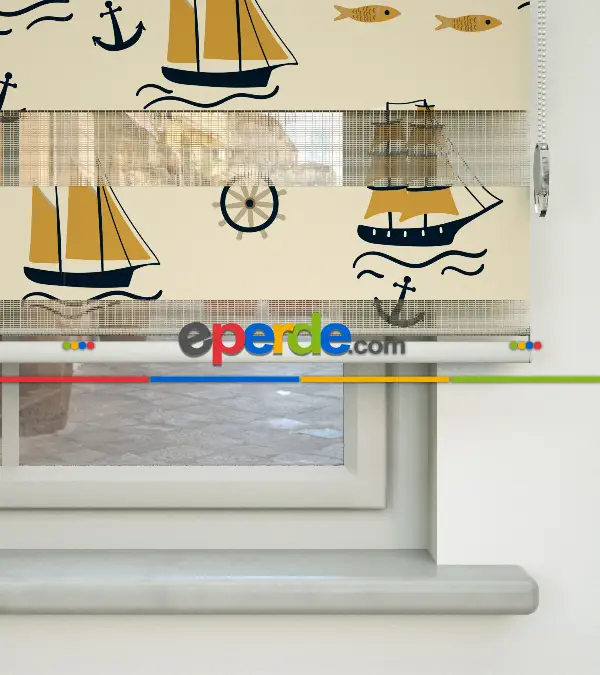 Çocuk Odası Zebra - Denizci Desenli Baskılı Zebra Perde- Siyah-Taba-Çok Renkli-Açık Camel