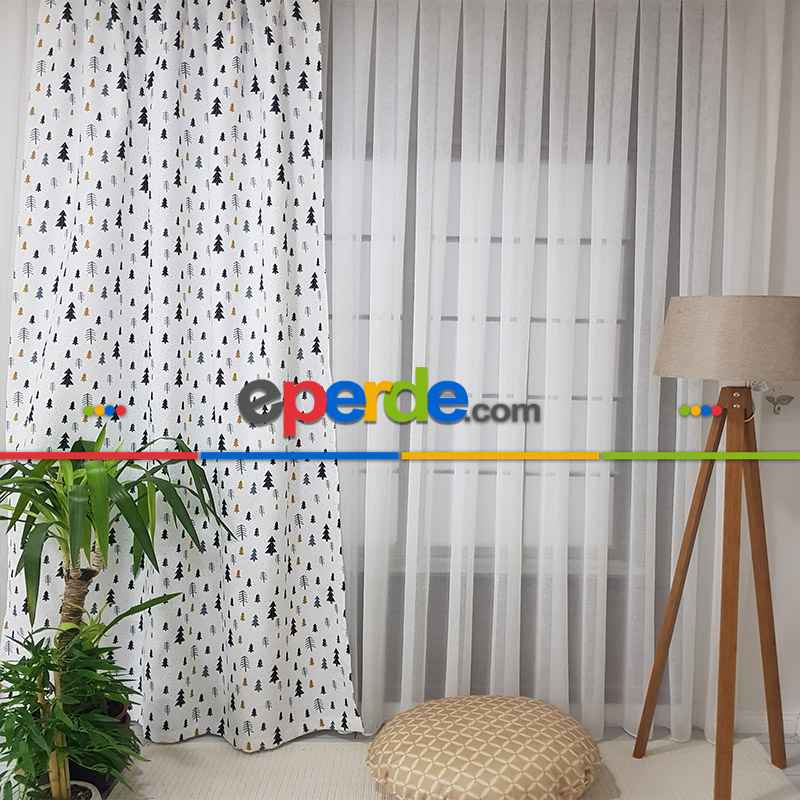 Çam Ağacı Desenli Fon Perde K601 Kumaşı Kalındır Duck Bezi Değildir- Beyaz