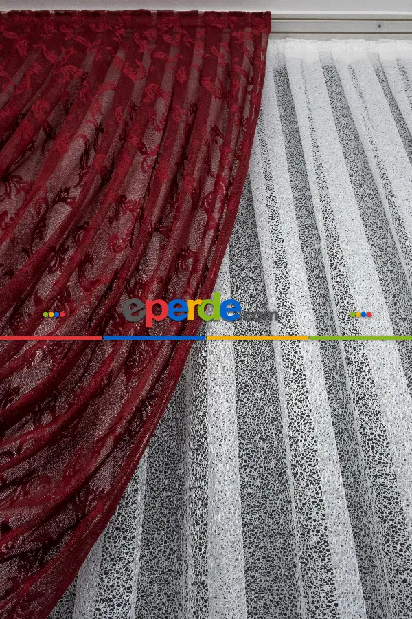 Tül Fon Koyu Renk Bordo Büzgülü Tasarım Fon Perde- Bordo 70cm X 275cm 