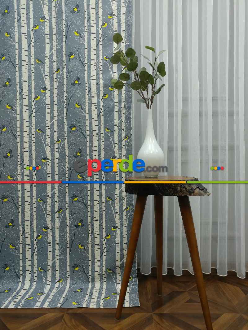 Mutfak Perdesi Kanat Fon Perde Kuş Desenli- Sarı