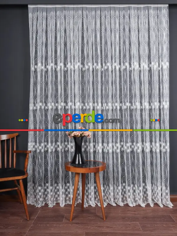 Şeritli Papatya Nakış İşlemeli Brode Tül Perde