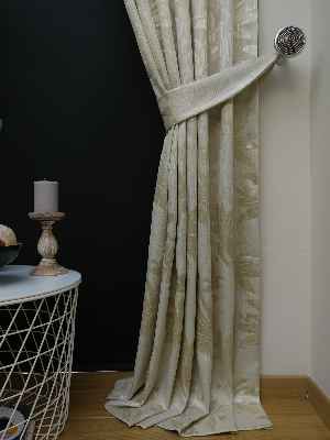 Krem Yaprak Desenli Jakar Fon Perde- Krem