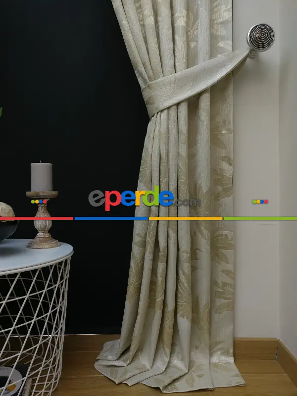 Krem Yaprak Desenli Jakar Fon Perde- Krem