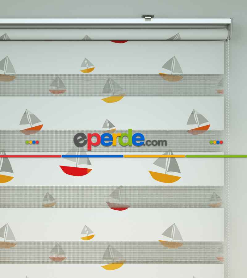 Bebek Odası Zebra Perde - Yelkenli Baskılı Zebra Perde- Kırmızı-Sarı-Beyaz-Gri Açık