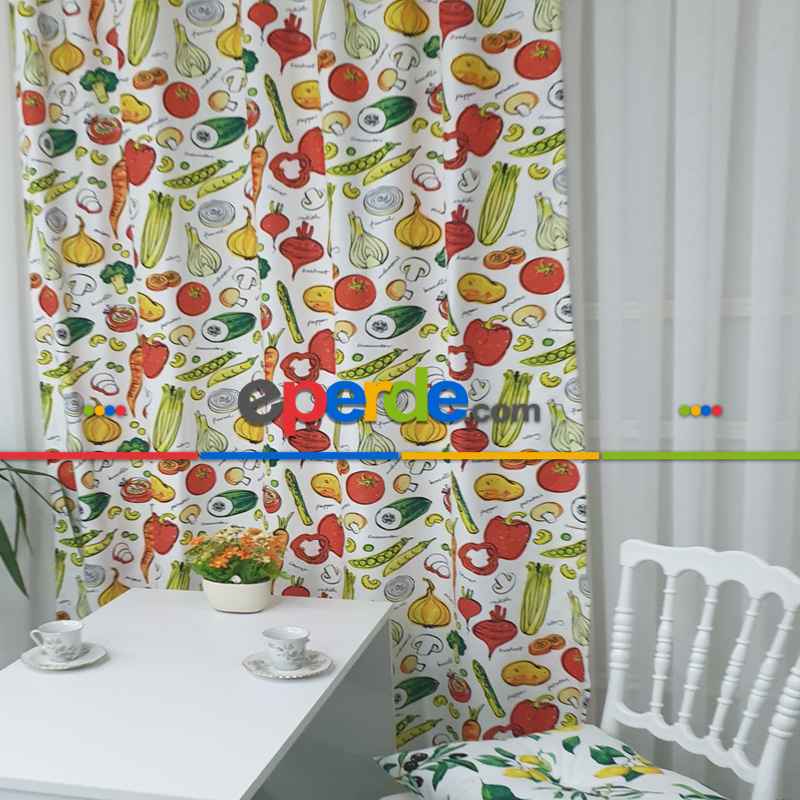 Mutfak Perdesi Kanat Fon Perde Sebze Desenli- Yeşil