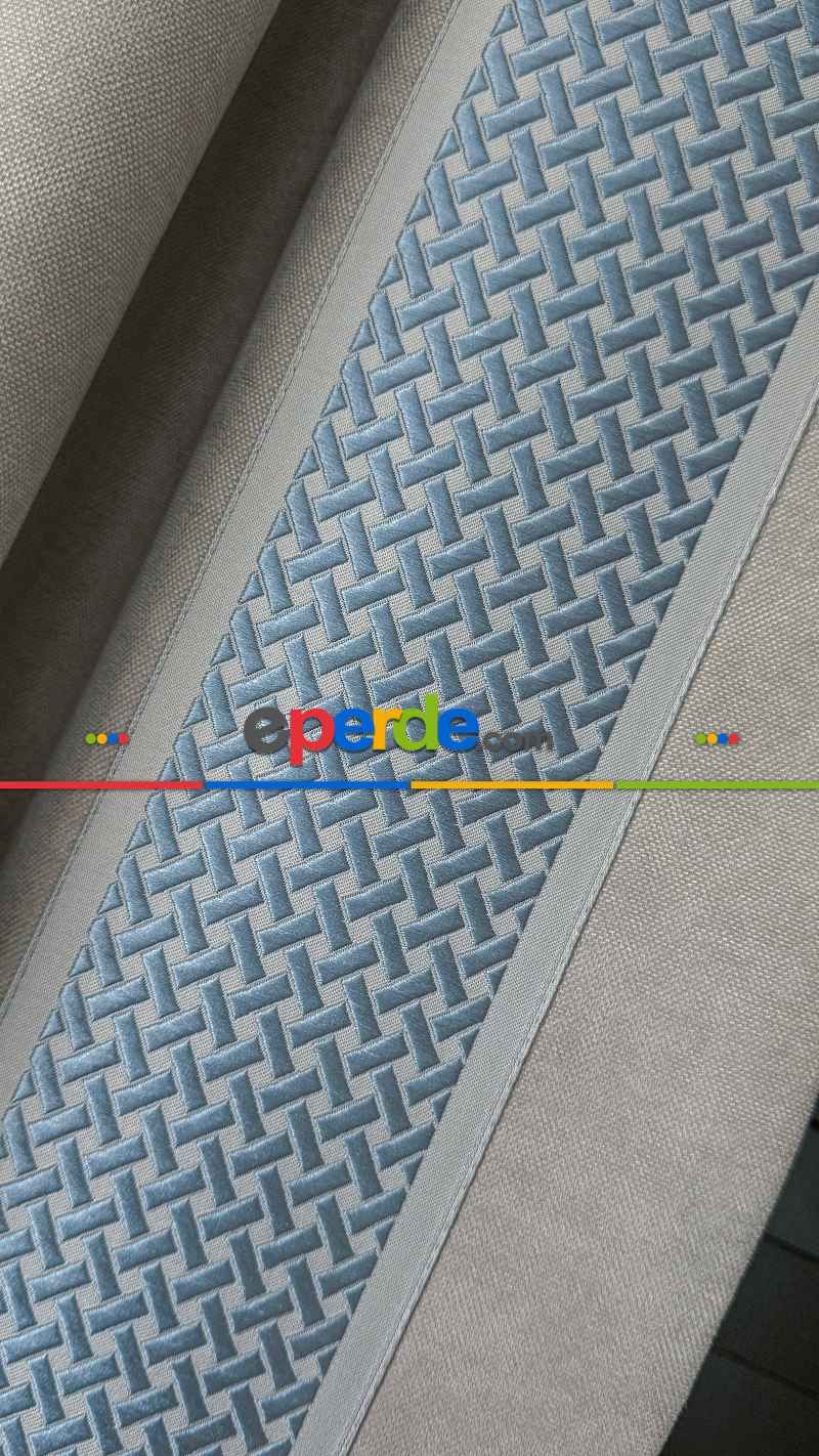 Bej Rengi Fon Perde - Mavi Dikey Bordürlü Fon Perde - Fon Rengi Bej Rengidir.