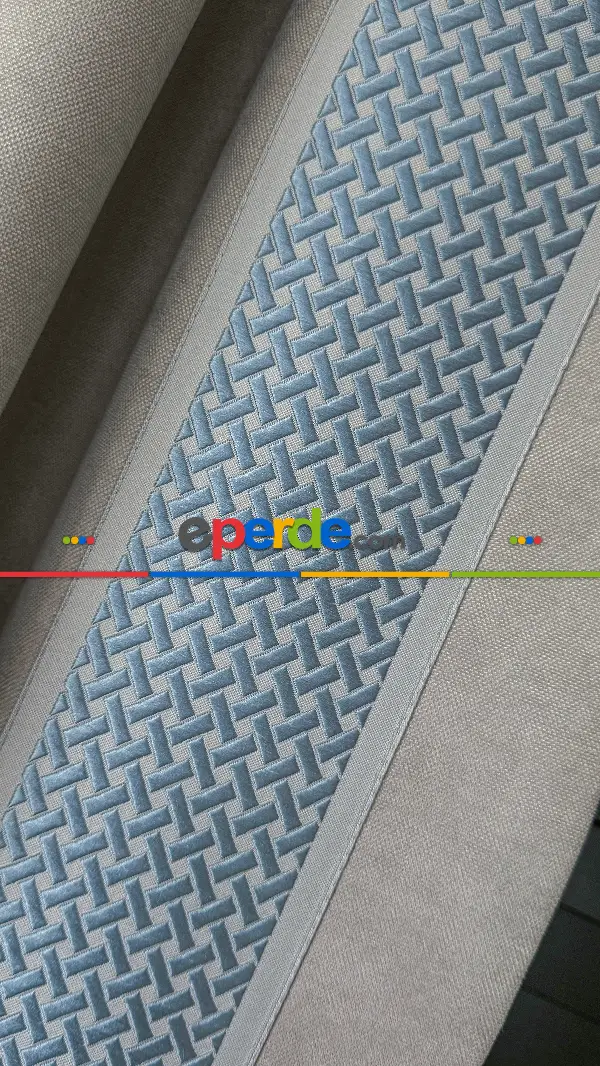 Bej Rengi Fon Perde - Mavi Dikey Bordürlü Fon Perde - Fon Rengi Bej Rengidir.