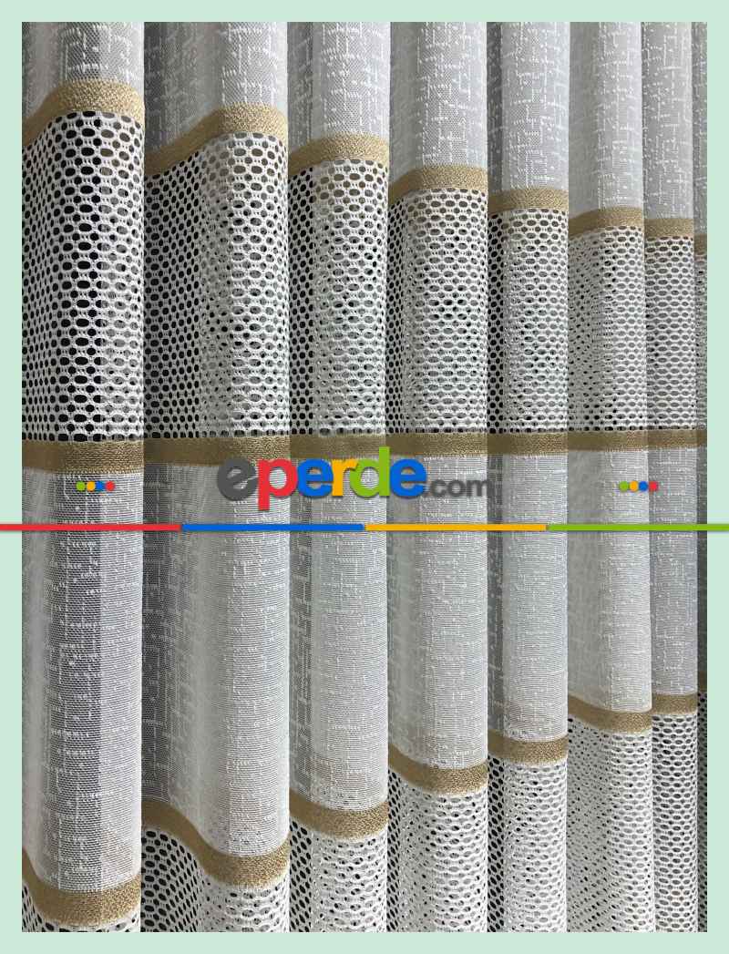 Salon - Aplik Jakar Eteği Bordürlü Tül Perde Tek Kanat - Ekru/gri