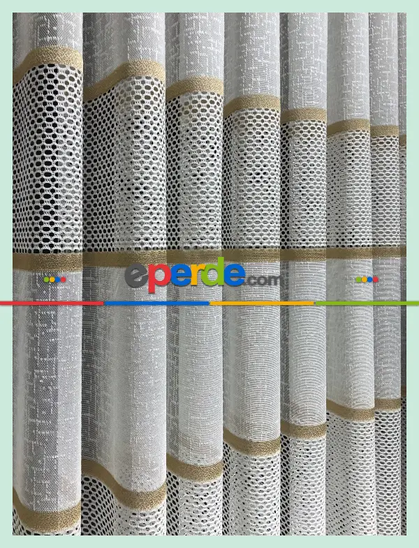 Salon - Aplik Jakar Eteği Bordürlü Tül Perde Tek Kanat - Ekru/gri