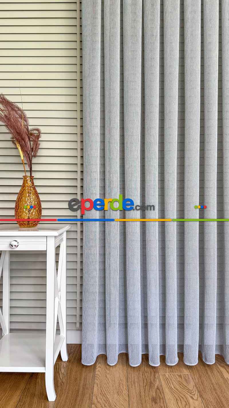 Gri Keten Gümüş Simli Tül Perde - Ağır Gramajlı Premium