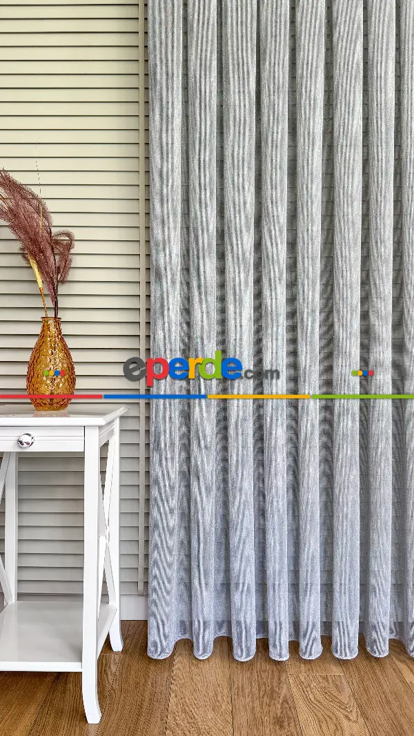 Salon - Gri Keten Gümüş Simli Tül Perde - Ağır Gramajlı Premium