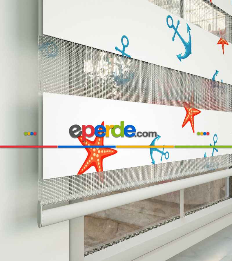 Çapa Ve Deniz Yıldızı Baskılı Zebra Perde- Çok Renkli
