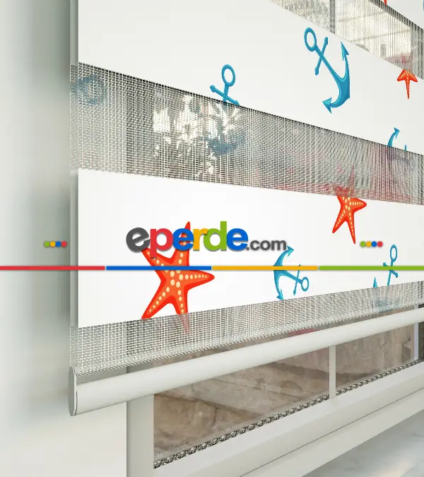 Çocuk Odası Zebra Perde - Çapa Ve Deniz Yıldızı Baskılı Zebra Perde- Çok Renkli