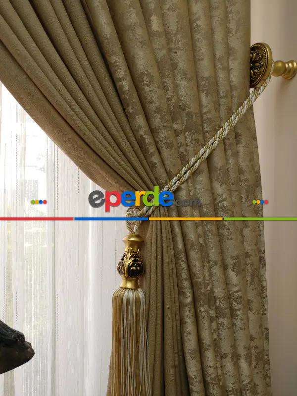 Patinedesenli Kahverengi Kombinli Desenli Fon Perde- Kahverengi