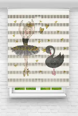 Çocuk Odası - Balerin Kız Ve Sevimli Kuğu Baskılı Zebra Perde