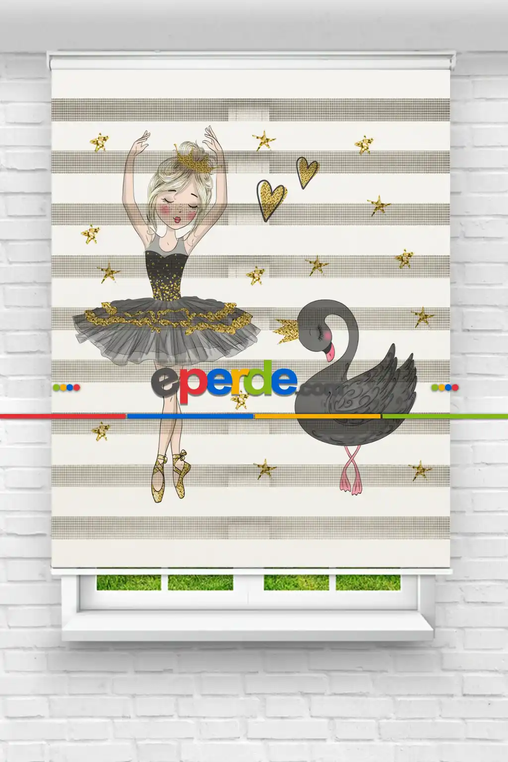 Çocuk Odası - Balerin Kız Ve Sevimli Kuğu Baskılı Zebra Perde