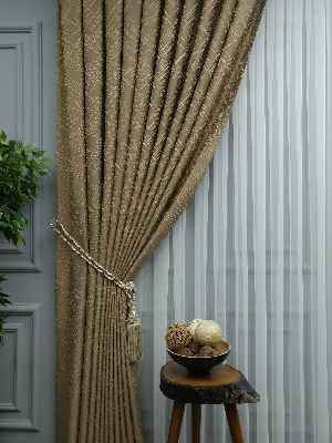 Jakar Desenli Fon Perde- Altın-kahve Açık