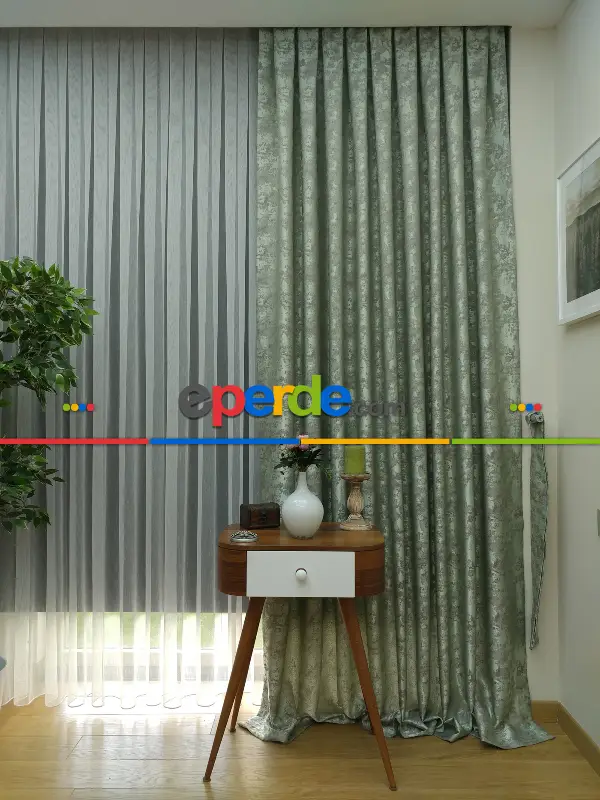 Su Yeşili Renk Jakar Desenli Fon Perde- Su Yeşili