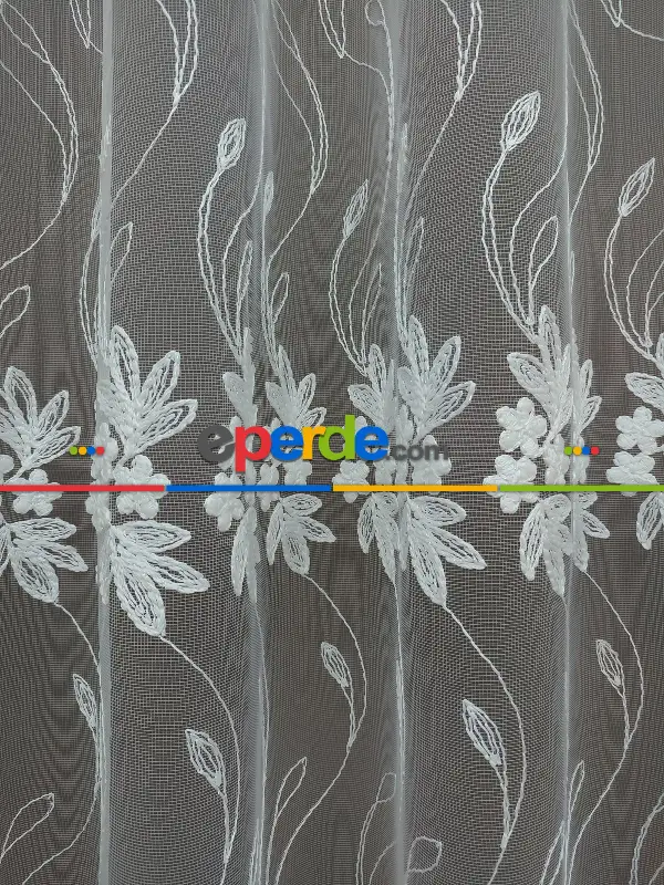 Brode İşlemeli Nakışlı Tül Perde Sarmaşık Desen 280- Ekru