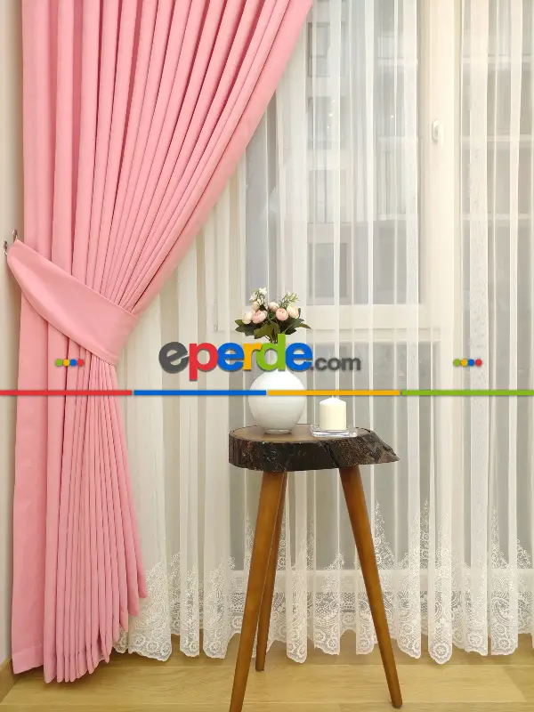 Pembe Renk Düz Sade Fon Perde ( En 150cm Dökümlü Fon )- Pembe Açık