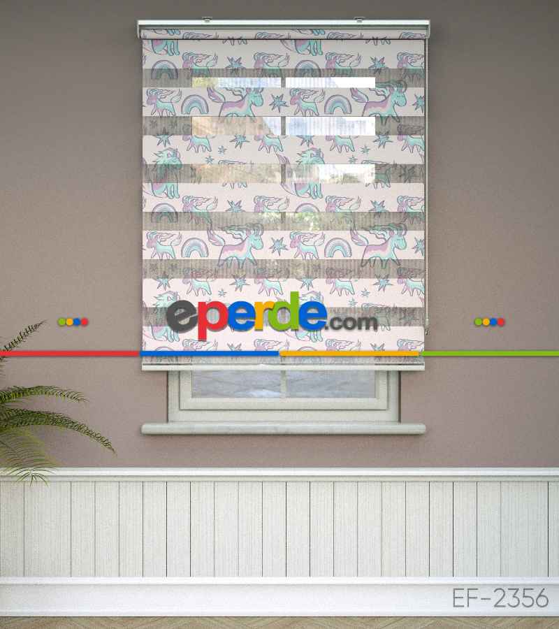 Unicorn Desenli Baskılı Zebra Perde- Çok Renkli