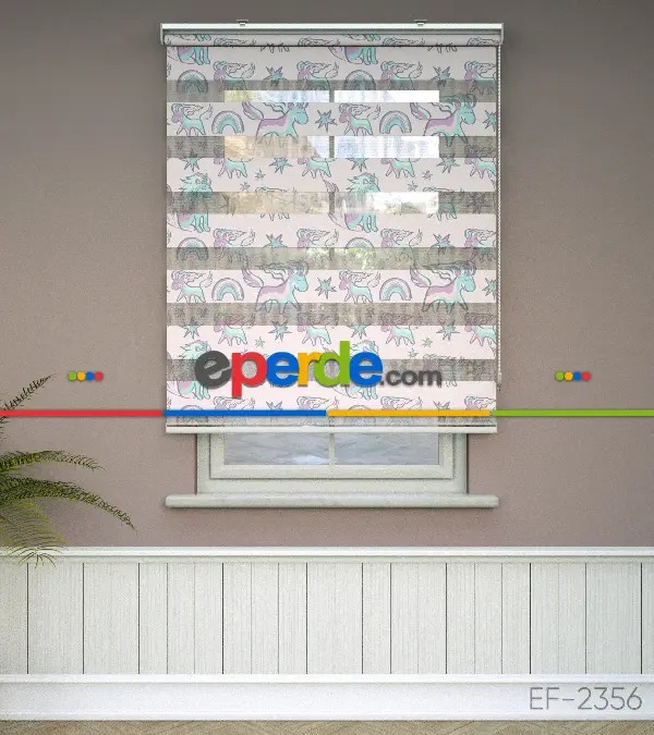 Unicorn Desenli Baskılı Zebra Perde- Çok Renkli