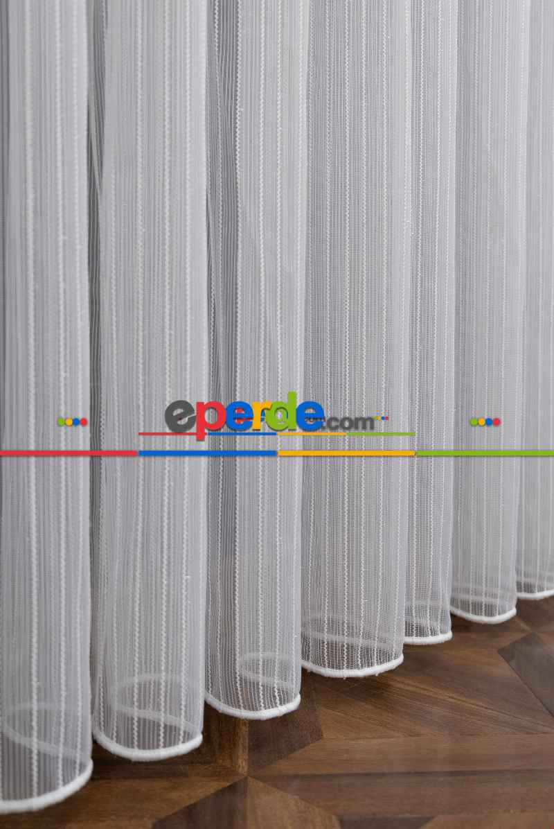 Hazır Ölçülü Simli Çizgili Kurşunlu Tül Perde - Ekru 145cm X 133cm 
