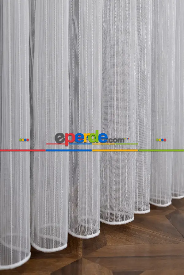Hazır Ölçülü Simli Çizgili Kurşunlu Tül Perde - Ekru 145cm X 133cm 