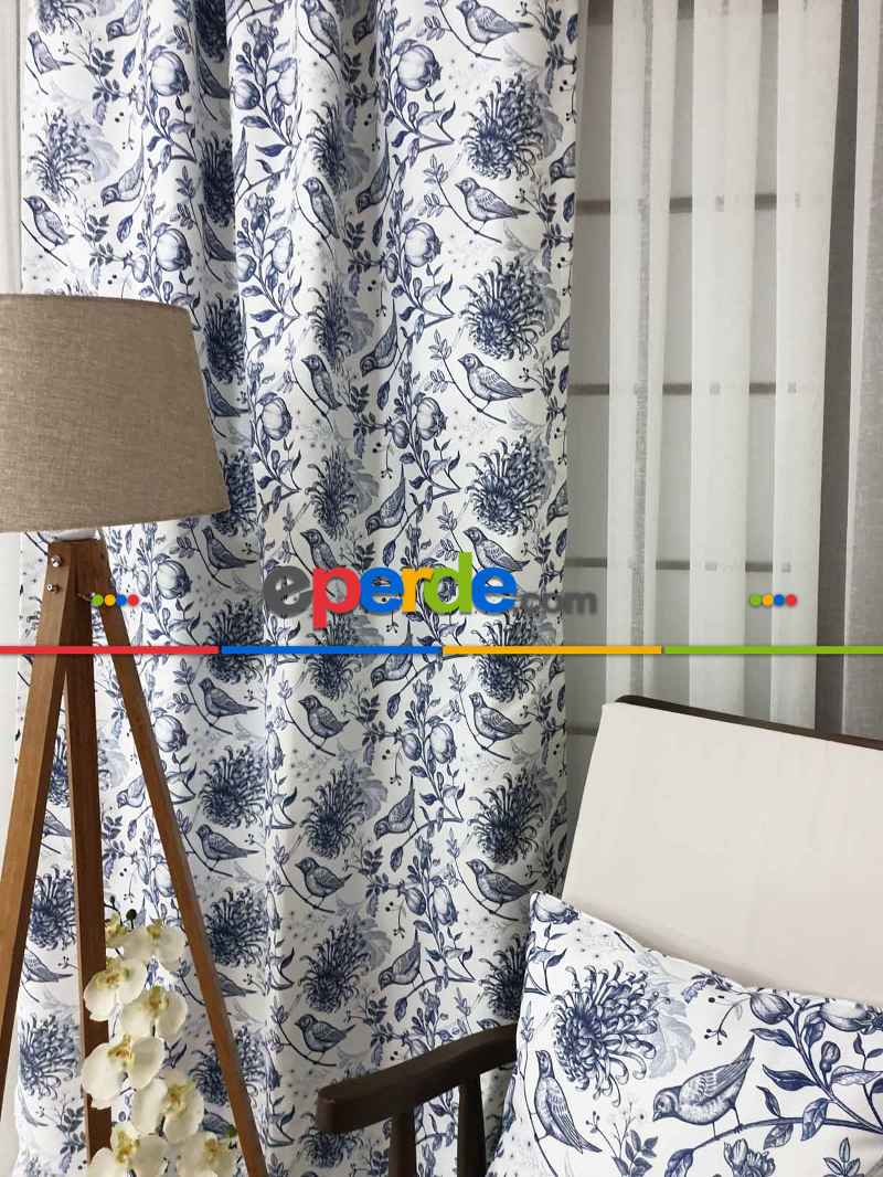 Kuş Desenli Fon Perde Evm580 Kumaşı Kalındır Duck Bezi Değildir- Beyaz