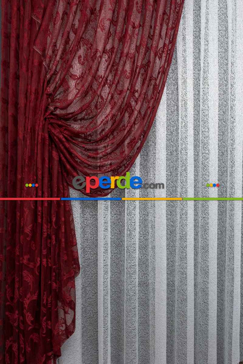 Tül Fon Koyu Renk Bordo Büzgülü Tasarım Fon Perde- Bordo 70cm X 275cm 