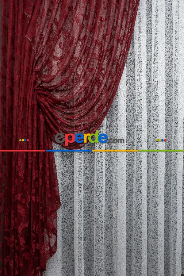 Tül Fon Koyu Renk Bordo Büzgülü Tasarım Fon Perde- Bordo 70cm X 275cm 