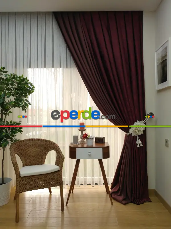 Kahve Bordo Renk Kombinli Desenli Fon Perde- Bordo-kahve