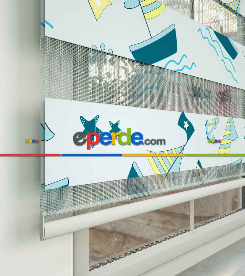 Çocuk Odası Zebra Perde - Gemi Desenli Baskılı Zebra Perde- Çok Renkli