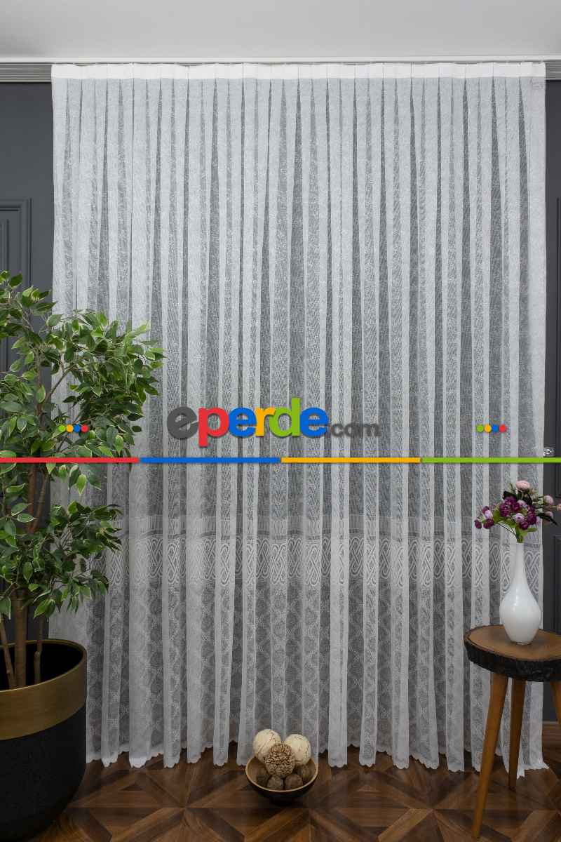 Eteği Bantlı Örme Tül - Ekru Renk Yüksek Kalite