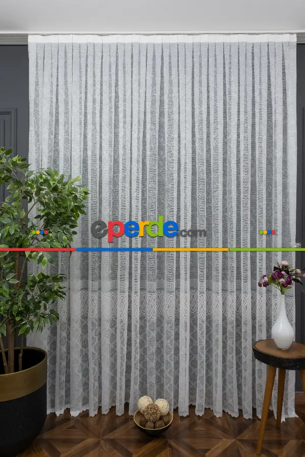 Eteği Bantlı Örme Tül - Ekru Renk Yüksek Kalite