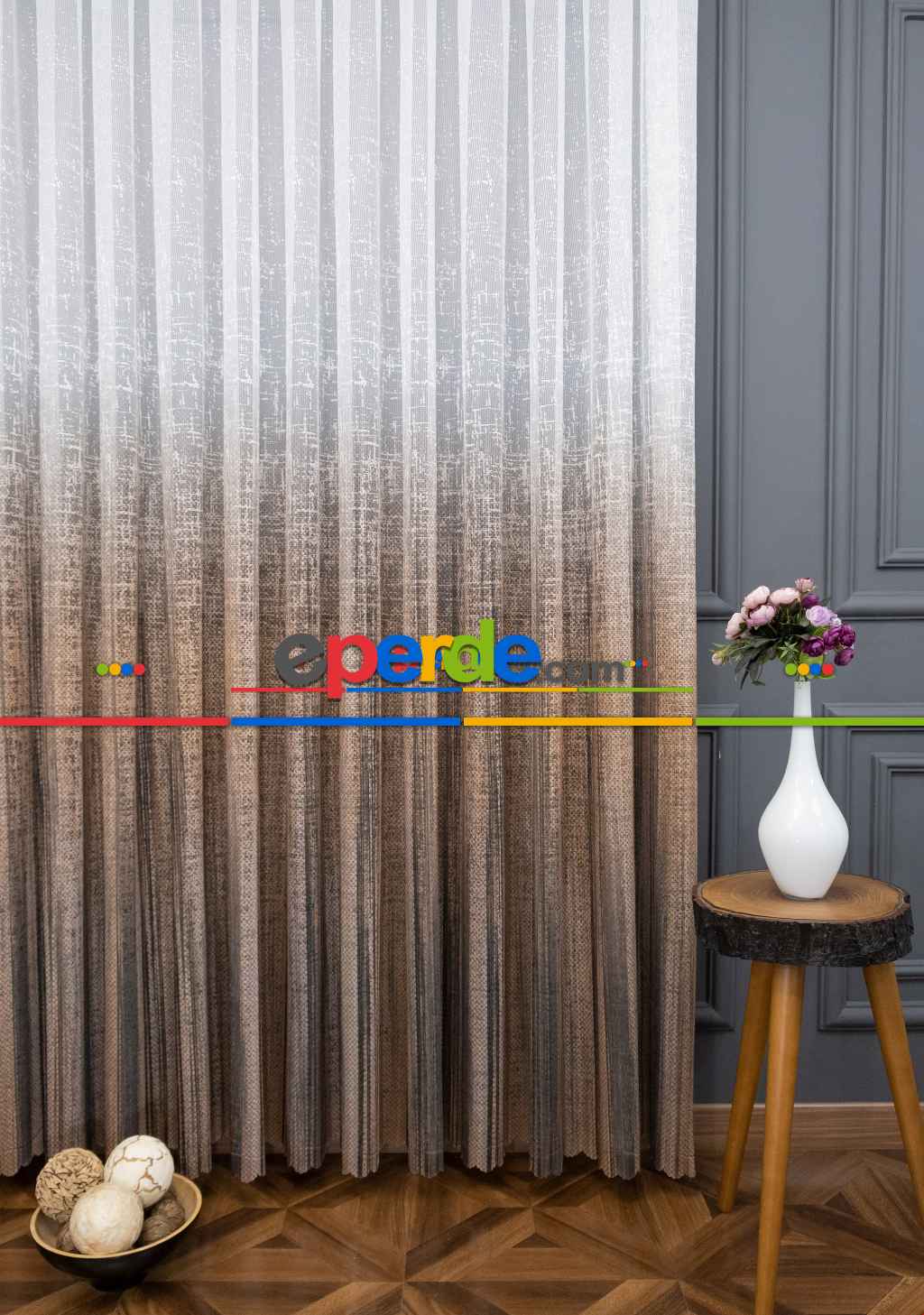 Hazır Ölçülü Modern Koyu Kahverengi Desenli Degrade Geçişli Yüksek Kalite Örme Tül Perde