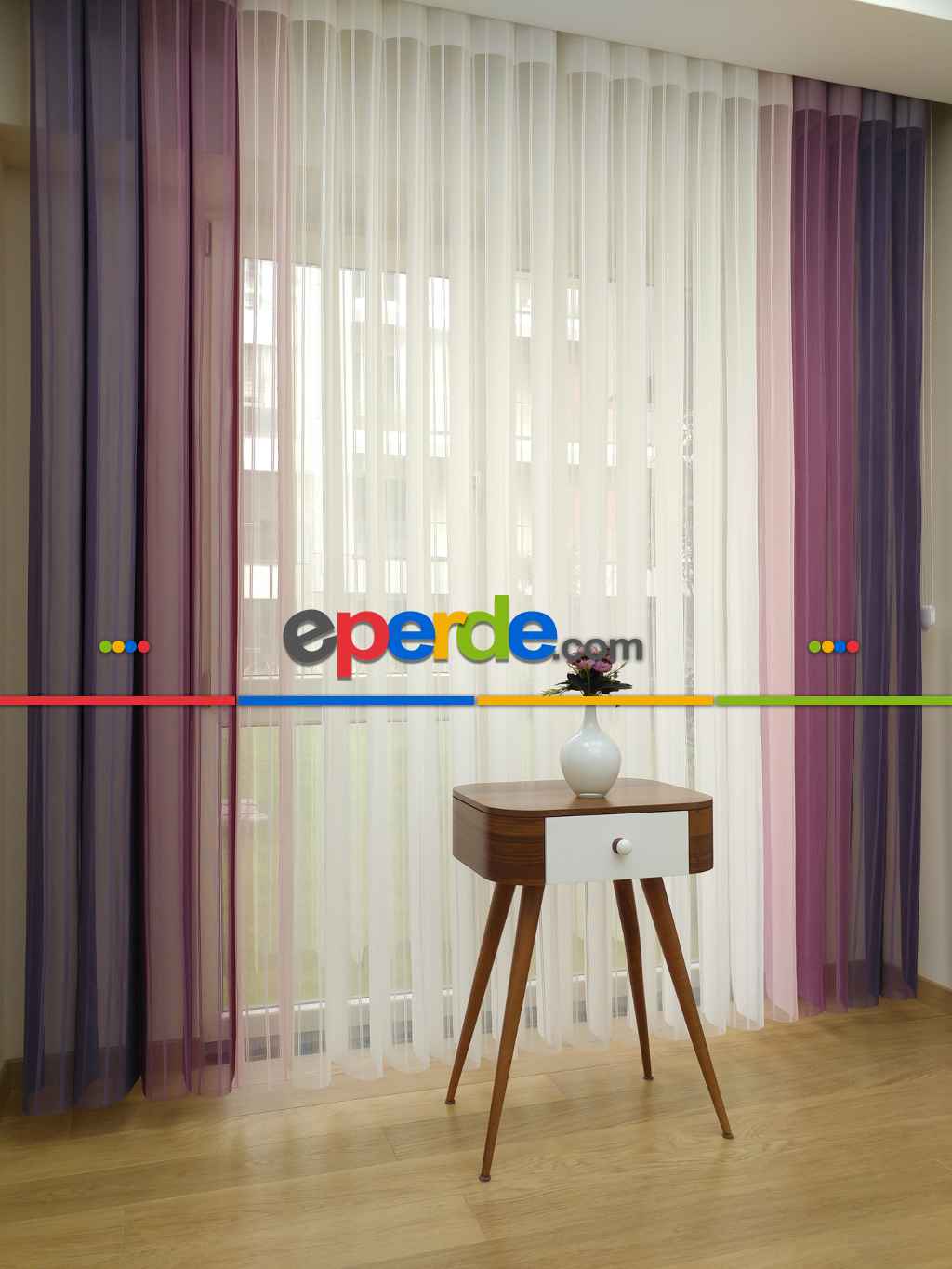 Akıllı Perde 1. Kalite Çizgili Tül Dikey Zebra Perde Mor Gül Kurusu Pudra Ekru- Mor-krem Açık-gül Kurusu-pudra