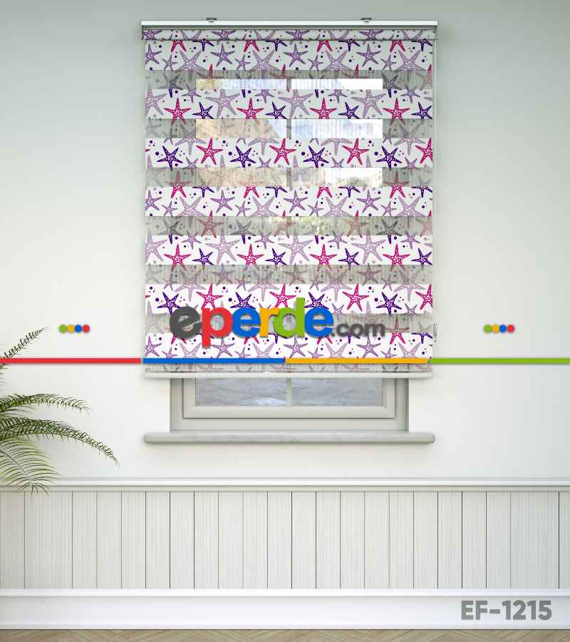 Çocuk Odası Zebra Perde - Deniz Yıldızı Baskılı Zebra Perde- Beyaz-Pembe-Mor