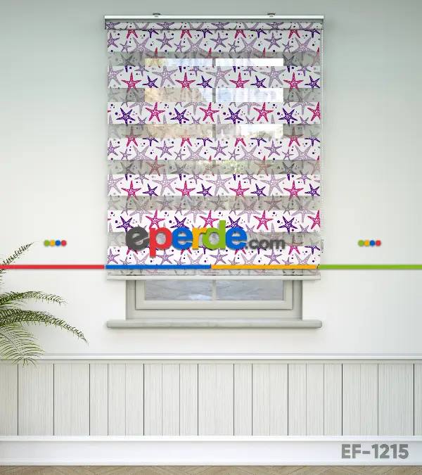 Bebek Odası Zebra Perde - Deniz Yıldızı Baskılı Zebra Perde- Beyaz-Pembe-Mor