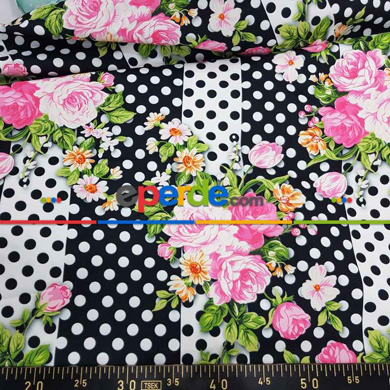 Çiçek Desenli Fon Perde Evm836 Kumaşı Kalındır Duck Bezi Değildir- Siyah-Beyaz-Pembe Koyu